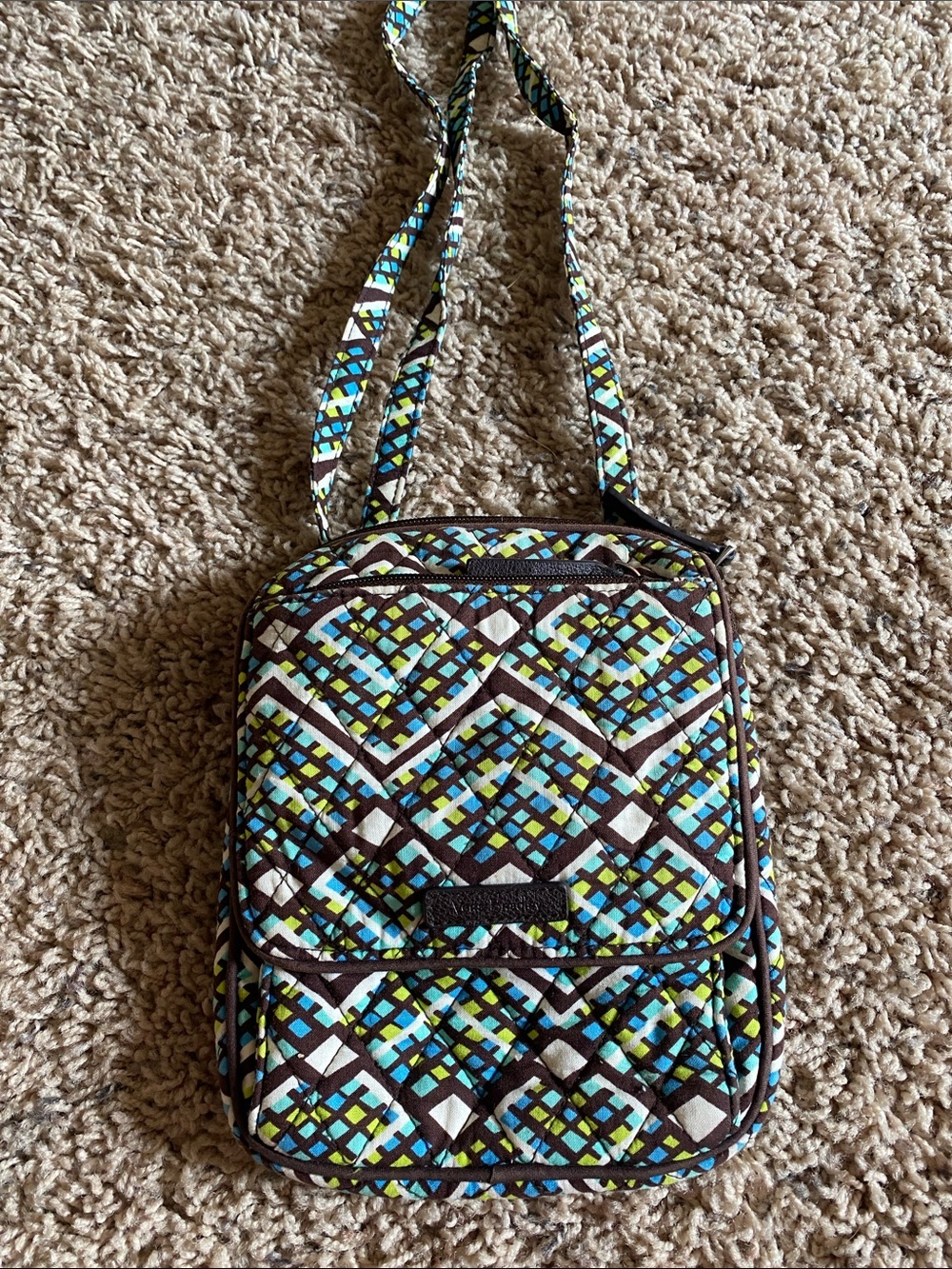 Vera Bradley Teal Blue Brown Geometric Quilted Crossbody